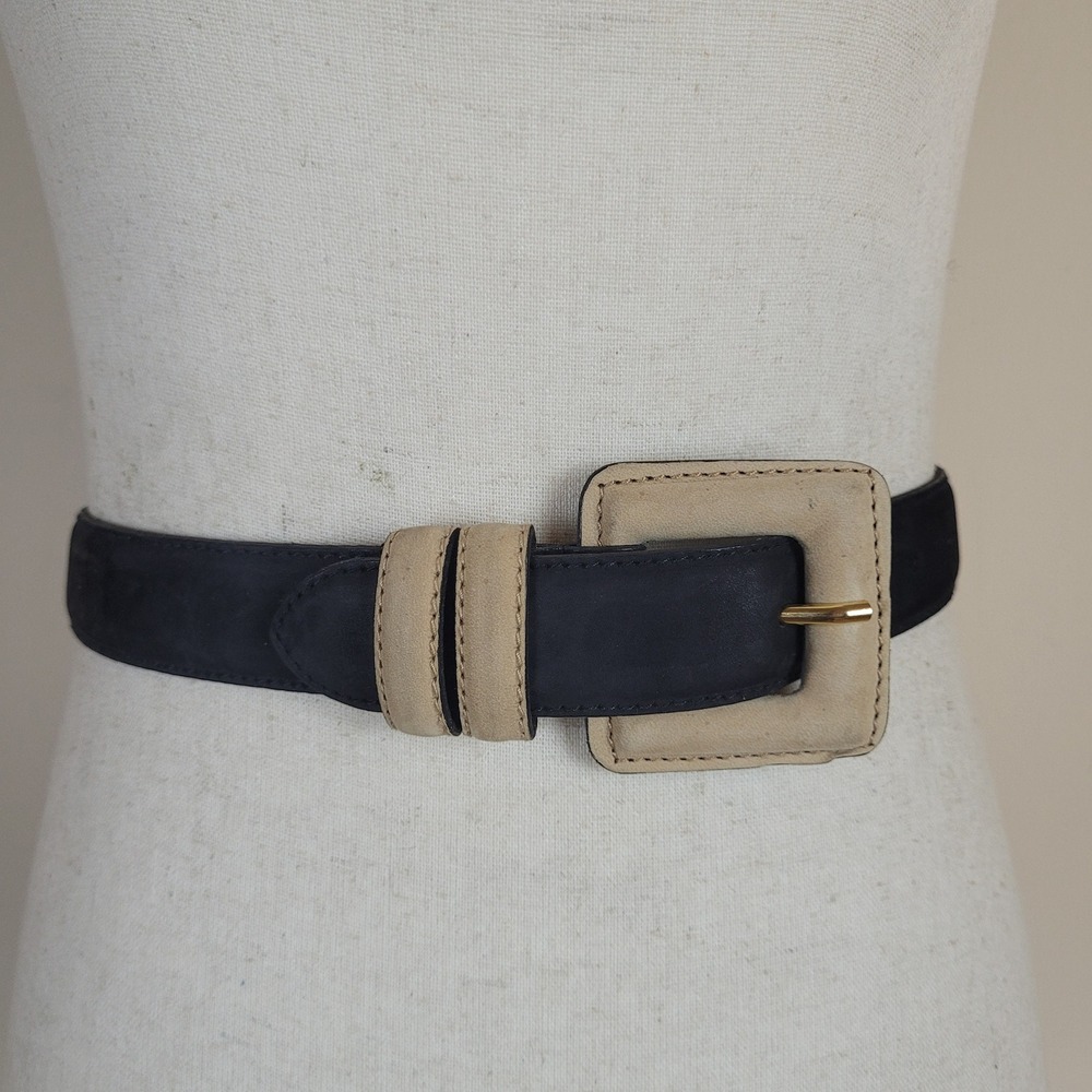 Jaeger Belt 30 Black Nubuck Leather Square Buckle Colorblock 90s Retro Two Tone